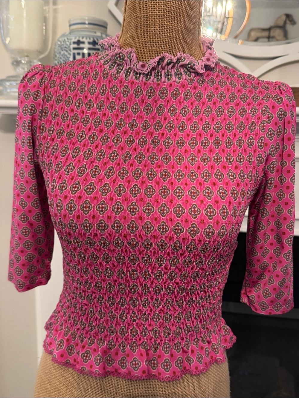 Sandro Pink Smocked Floral-Print Ruffled Mock-Neck Top 1